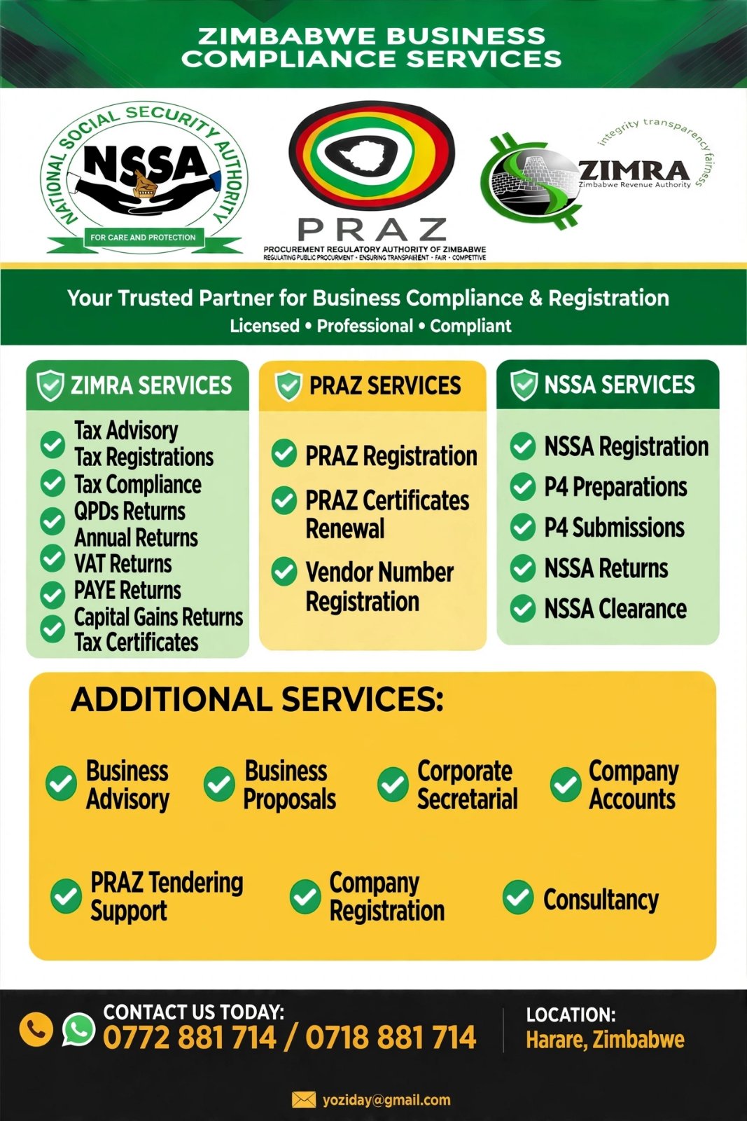 Zimra, Praz & Nssa Business Compliance Services in Harare