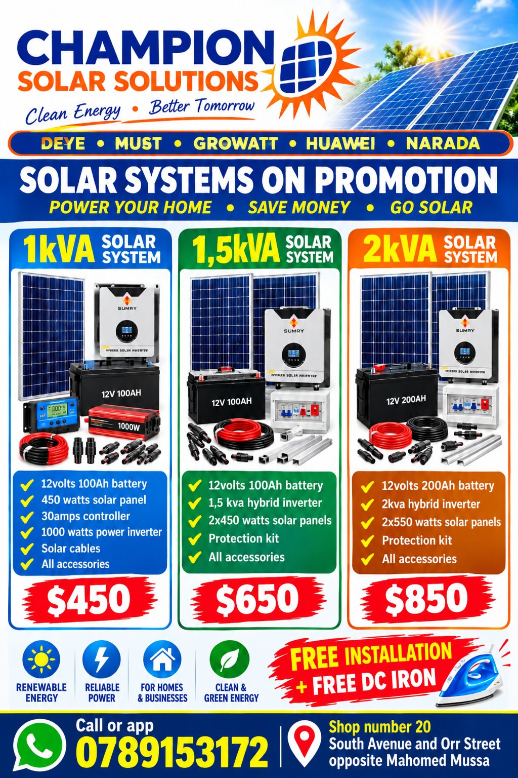 1kva solar system upto 2kva solar system in Harare cbd